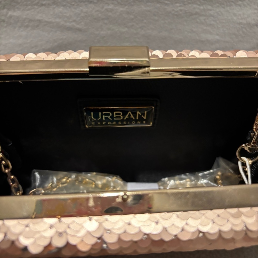 Urban Expressions Sequin Rose Gold Vegan Leather Clutch Snap Closure Chain Strap - Picture 5 of 7